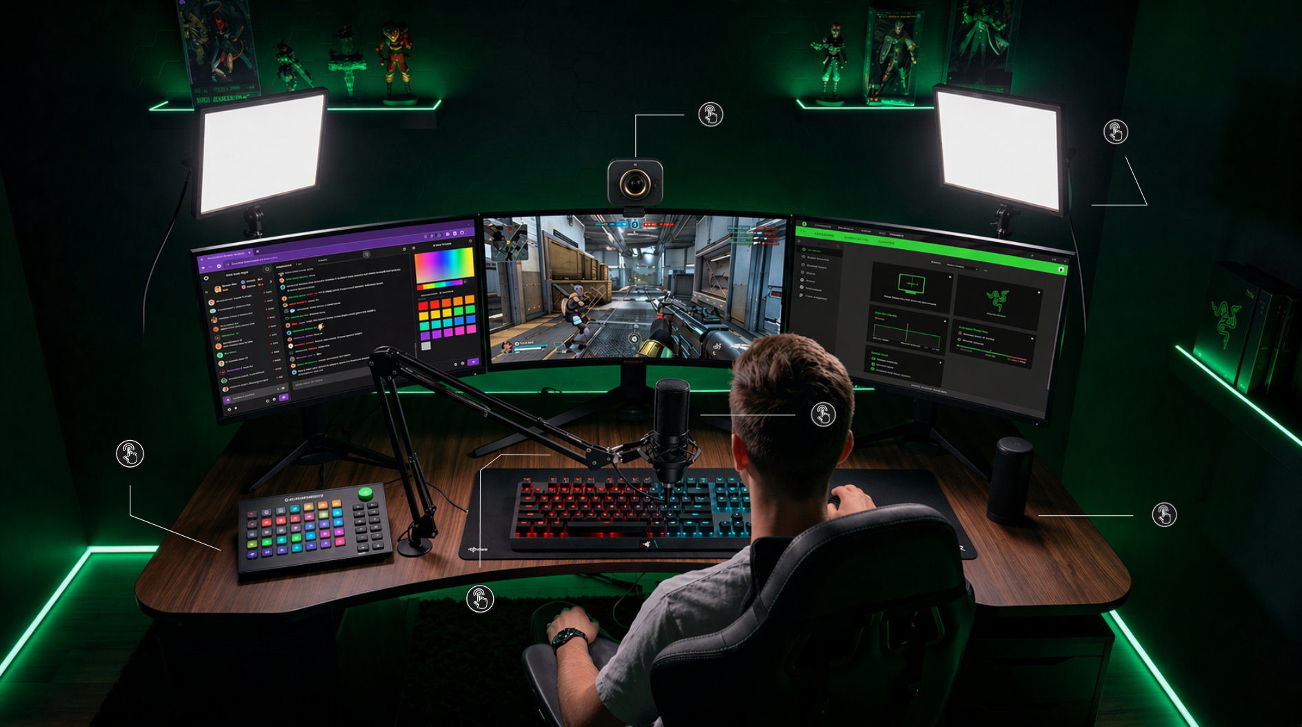 Setup de streaming interactif avec plusieurs produits repérés